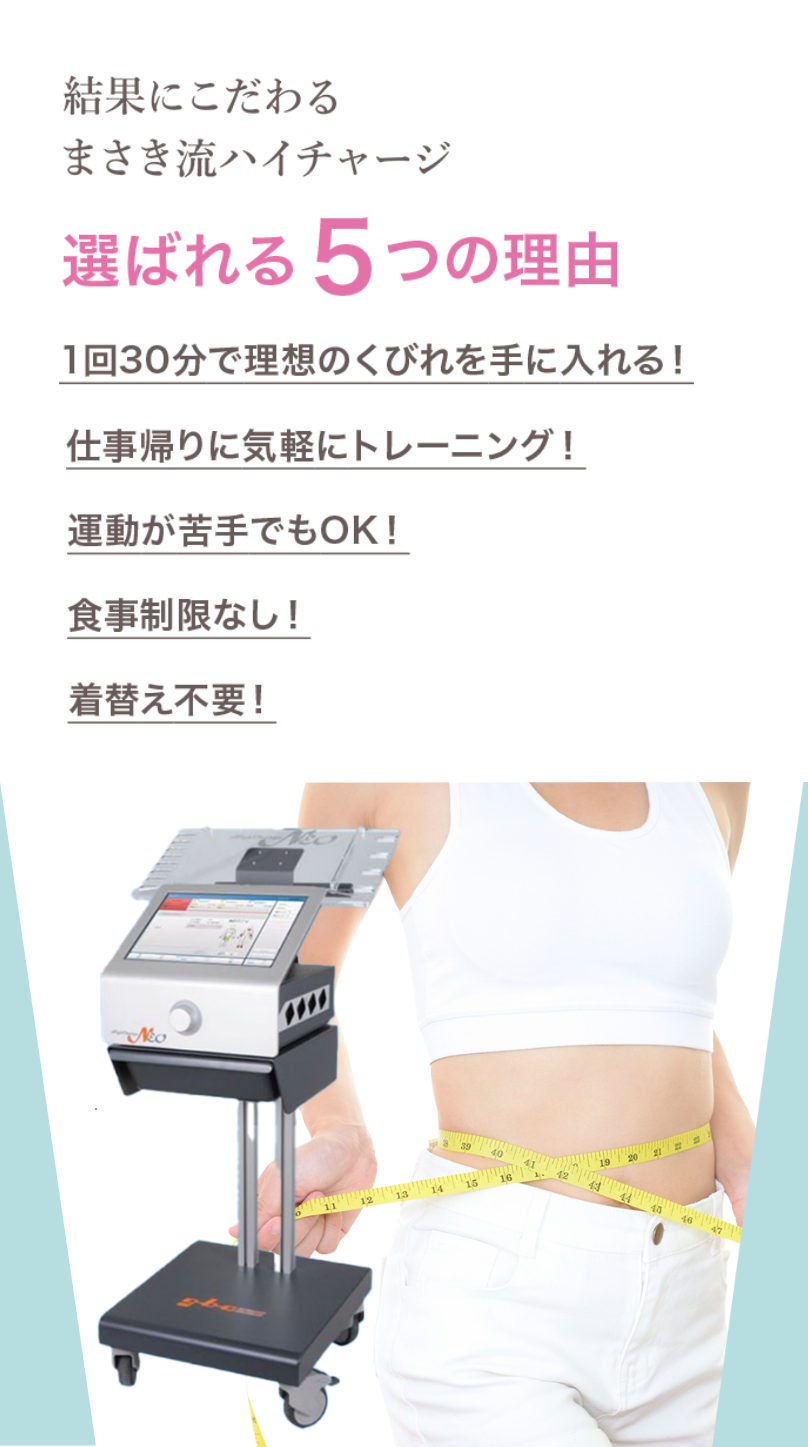 結果にこだわるまさき流ハイチャージ。選ばれる５つの理由。1回30分で理想のくびれを手に入れる！仕事帰りに気軽にトレーニング！運動が苦手でもOK！食事制限なし！着替え不要！